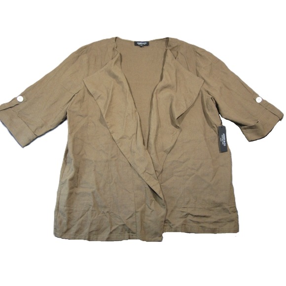 Jones & Co Linen Blend Blazer 2X Brown Roll Tab 3/4 Sleeves Minimalist Luxe NEW - Picture 1 of 10